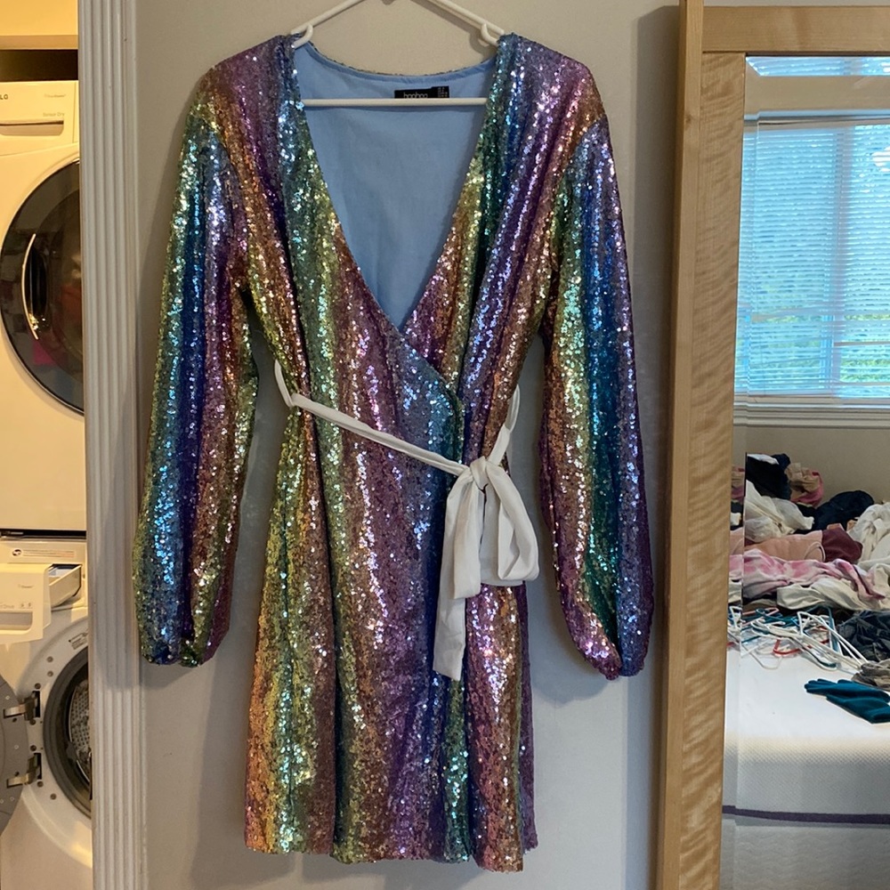 boohoo Rainbow Sequin Mini Wrap Dress